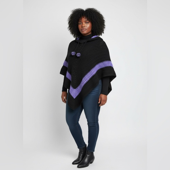 Goth Witchy Fairygoth Black Purple Crotchet Knit Handmade Hooded Poncho Sweater - Picture 2 of 10